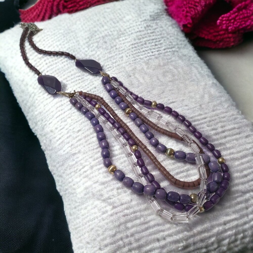 Purple Layered Dyed Wooden Acrylic Women Necklace Jewelry 34 to 38 Inch Length